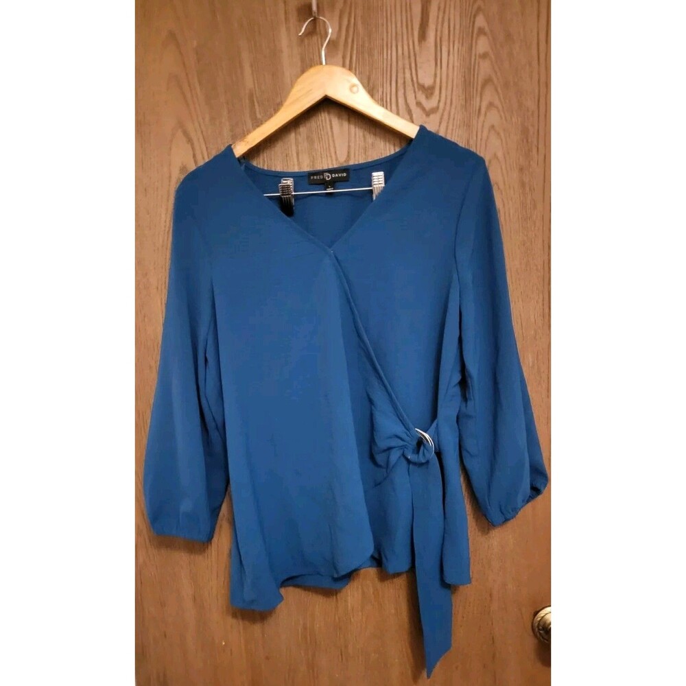 Fred David Women's Wrap Top Blouse Turquoise Blue Size Large